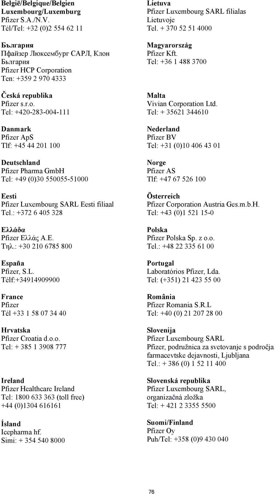 poration Ten: +359 2 970 4333 Česká republika Pfizer s.r.o. Tel: +420-283-004-111 Danmark Pfizer ApS Tlf: +45 44 201 100 Deutschland Pfizer Pharma GmbH Tel: +49 (0)30 550055-51000 Eesti Pfizer Luxembourg SARL Eesti filiaal Tel.