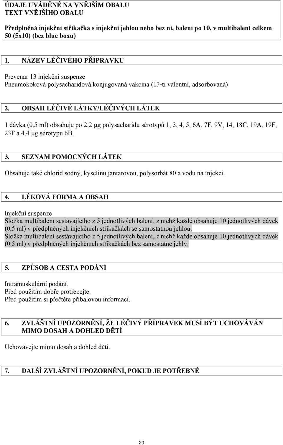 OBSAH LÉČIVÉ LÁTKY/LÉČIVÝCH LÁTEK 1 dávka (0,5 ml) obsahuje po 2,2 μg polysacharidu sérotypů 1, 3,