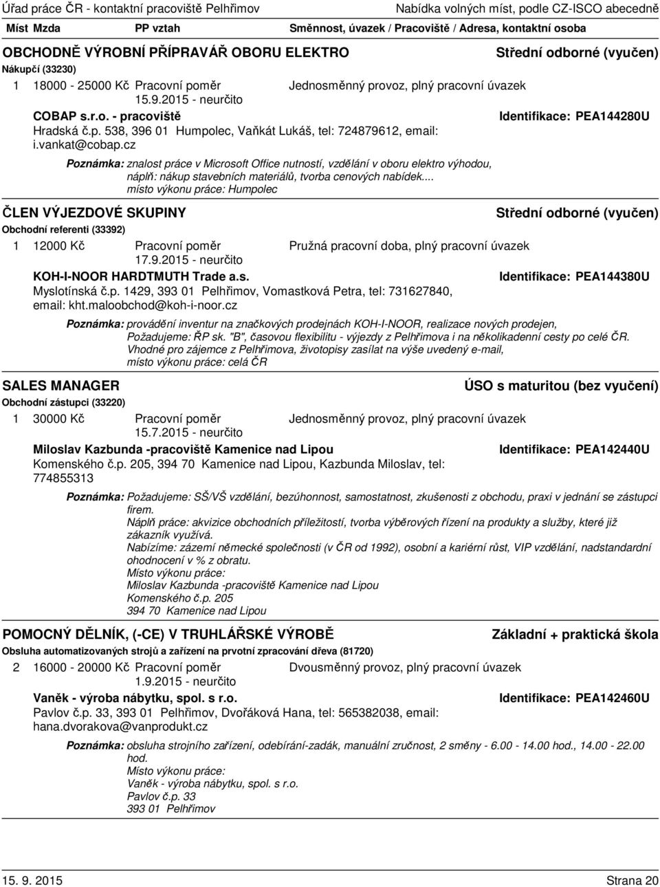 .. Humpolec ČLEN VÝJEZDOVÉ SKUPINY Obchodní referenti (33392) 1 12000 Kč Pracovní poměr 17.9.2015 - neurčito KOH-I-NOOR HARDTMUTH Trade a.s. Myslotínská č.p. 1429,, Vomastková Petra, tel: 731627840, email: kht.