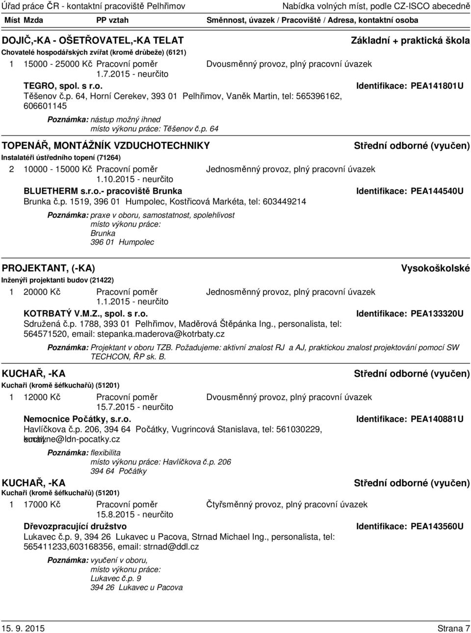 p. 1519, 396 01 Humpolec, Kostřicová Markéta, tel: 603449214 Poznámka: praxe v oboru, samostatnost, spolehlivost Brunka 396 01 Humpolec PROJEKTANT, (-KA) Inženýři projektanti budov (21422) 1