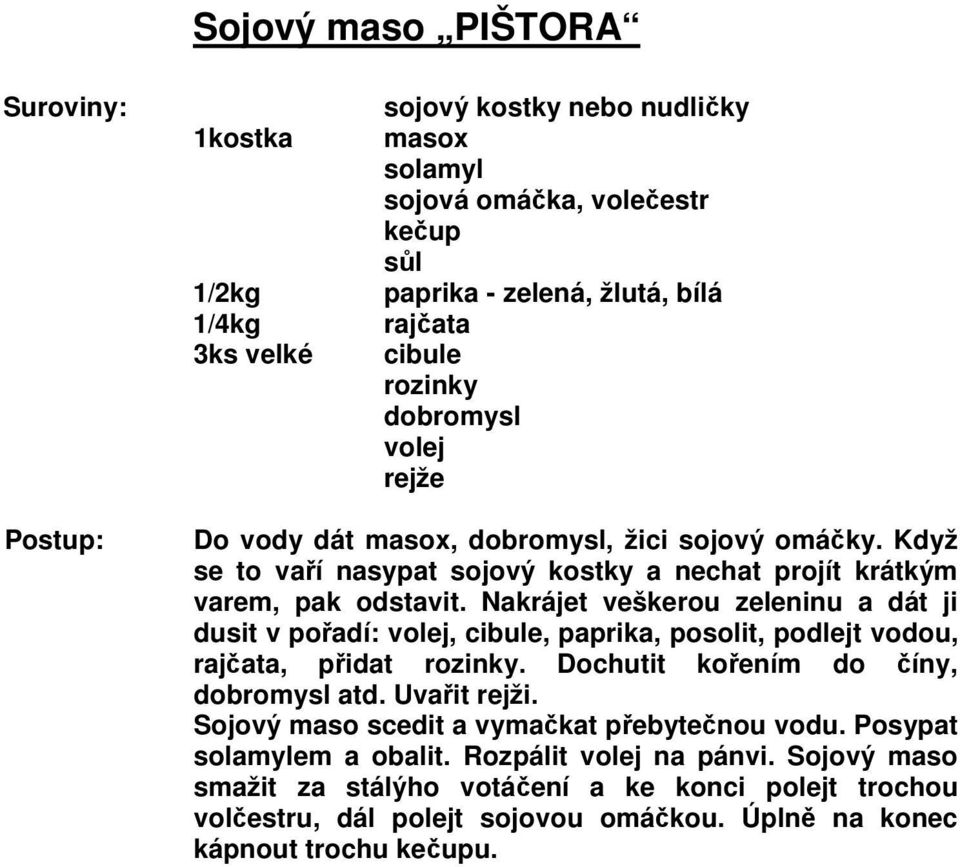 Nakrájet veškerou zeleninu a dát ji dusit v pořadí: volej, cibule, paprika, posolit, podlejt vodou, rajčata, přidat rozinky. Dochutit kořením do číny, dobromysl atd. Uvařit rejži.