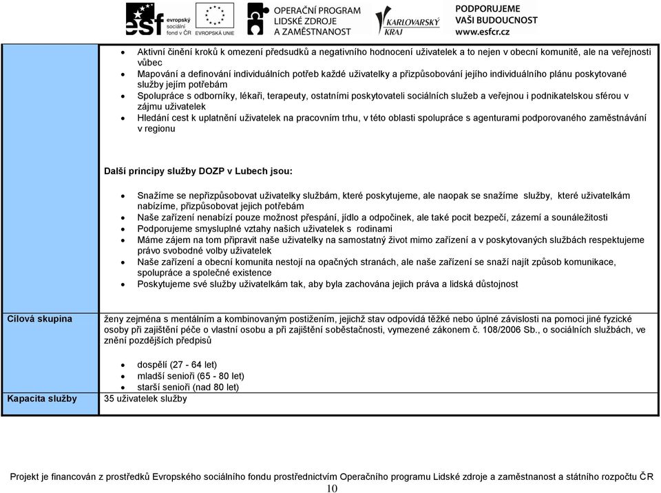 zájmu uživatelek Hledání cest k uplatnění uživatelek na pracovním trhu, v této oblasti spolupráce s agenturami podporovaného zaměstnávání v regionu Další principy služby DOZP v Lubech jsou: Snažíme