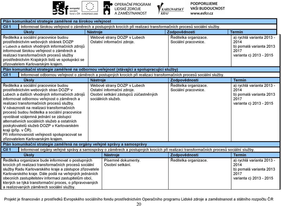 a realizaci transformačních procesů služby Webové strany DOZP v Lubech Ostatní informační zdroje. Ředitelka organizace. Sociální pracovnice.