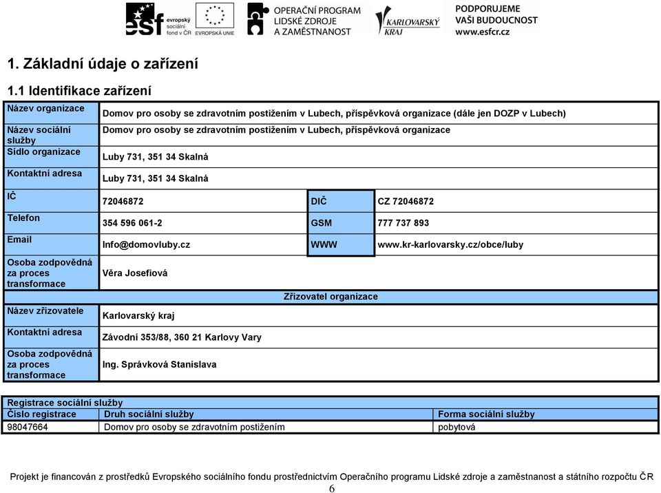 zodpovědná za proces transformace Domov pro osoby se zdravotním postižením v Lubech, příspěvková organizace (dále jen DOZP v Lubech) Domov pro osoby se zdravotním postižením v Lubech, příspěvková