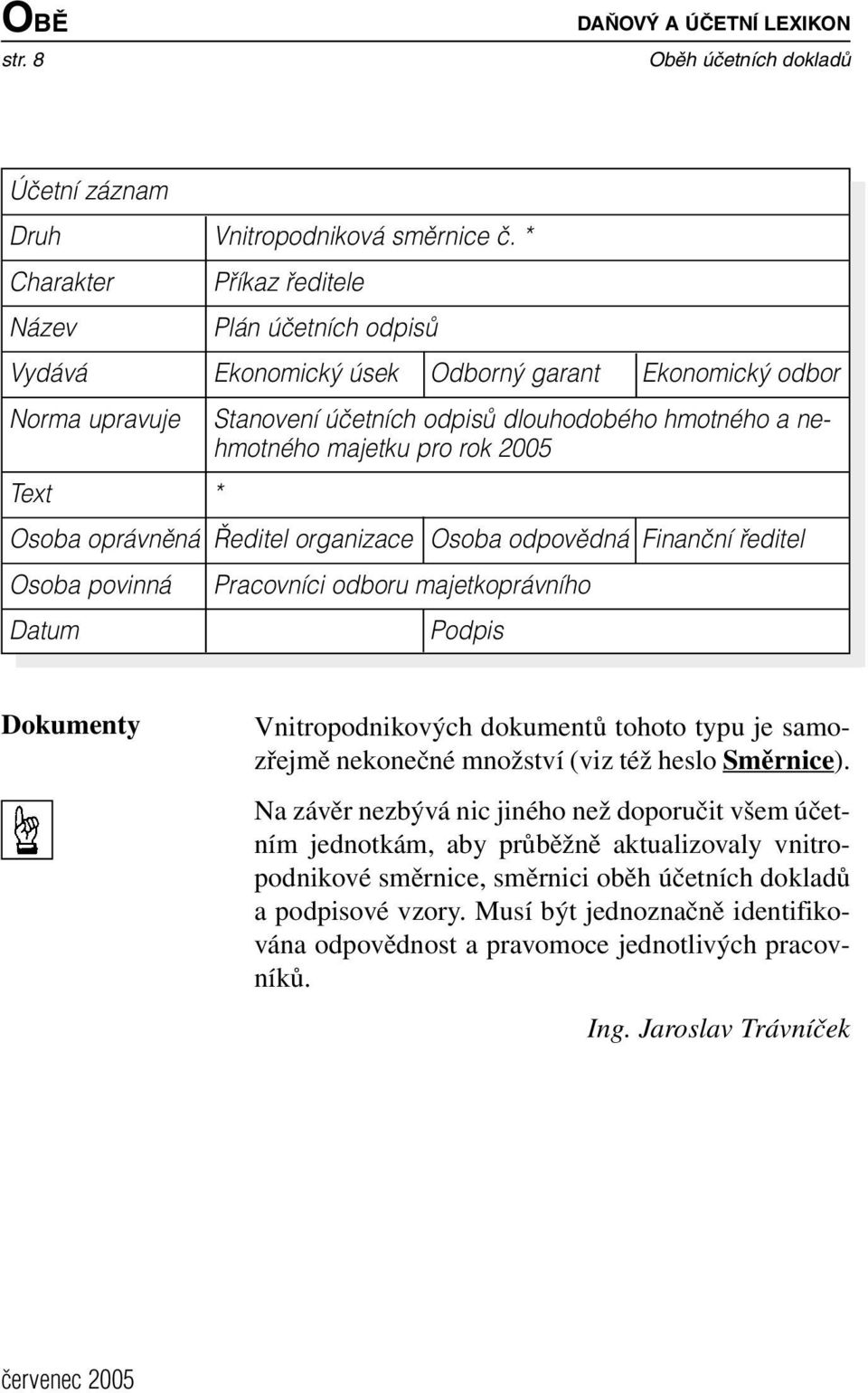 rok 2005 Text * Osoba oprávnûná editel organizace Osoba odpovûdná Finanãní fieditel Osoba povinná Datum Pracovníci odboru majetkoprávního Podpis Dokumenty Vnitropodnikových dokumentů tohoto typu je