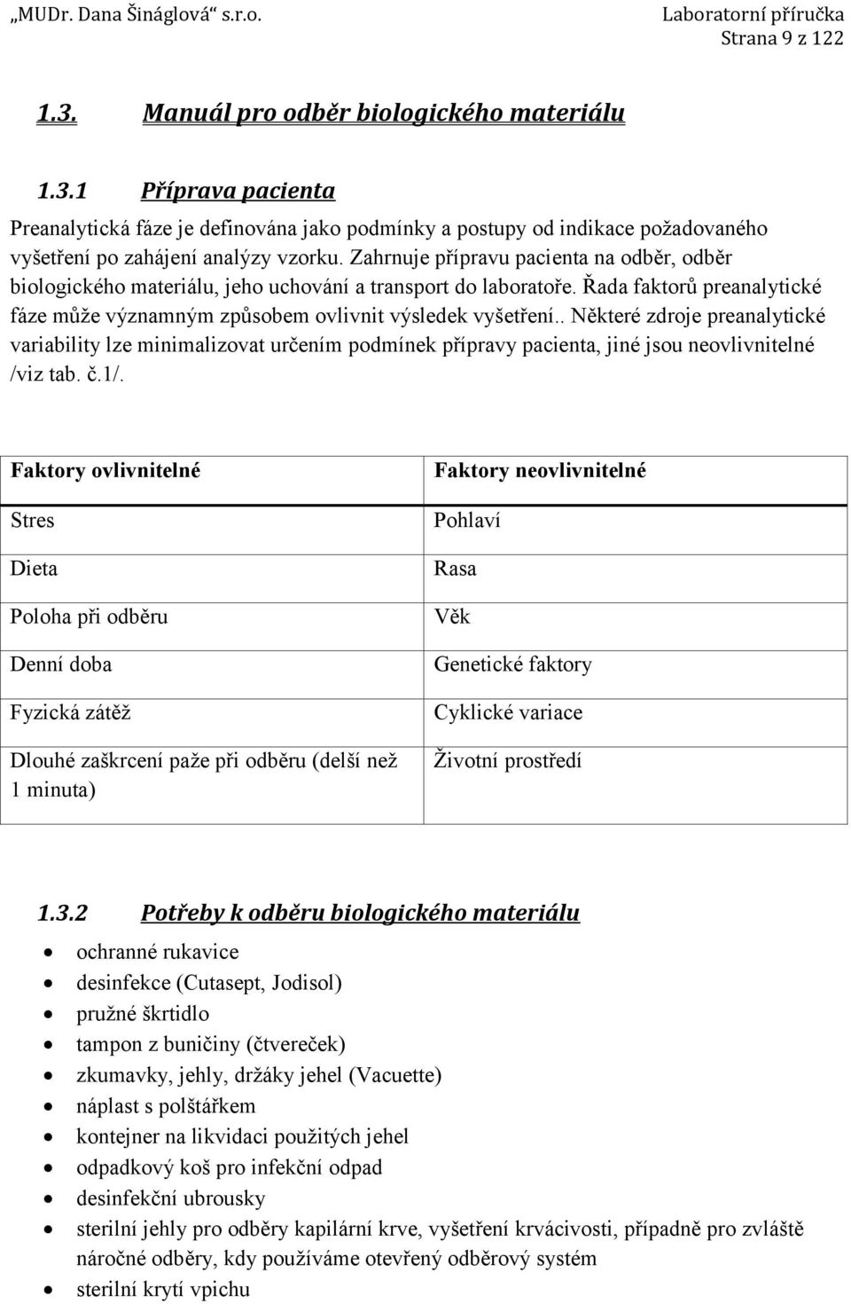 . Některé zdroje preanalytické variability lze minimalizovat určením podmínek přípravy pacienta, jiné jsou neovlivnitelné /viz tab. č.1/.