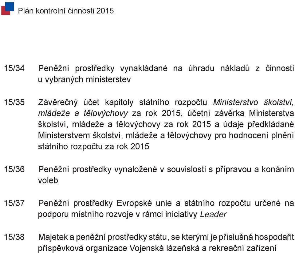 plnění státního rozpočtu za rok 2015 15/36 Peněžní prostředky vynaložené v souvislosti s přípravou a konáním voleb 15/37 Peněžní prostředky Evropské unie a státního rozpočtu určené