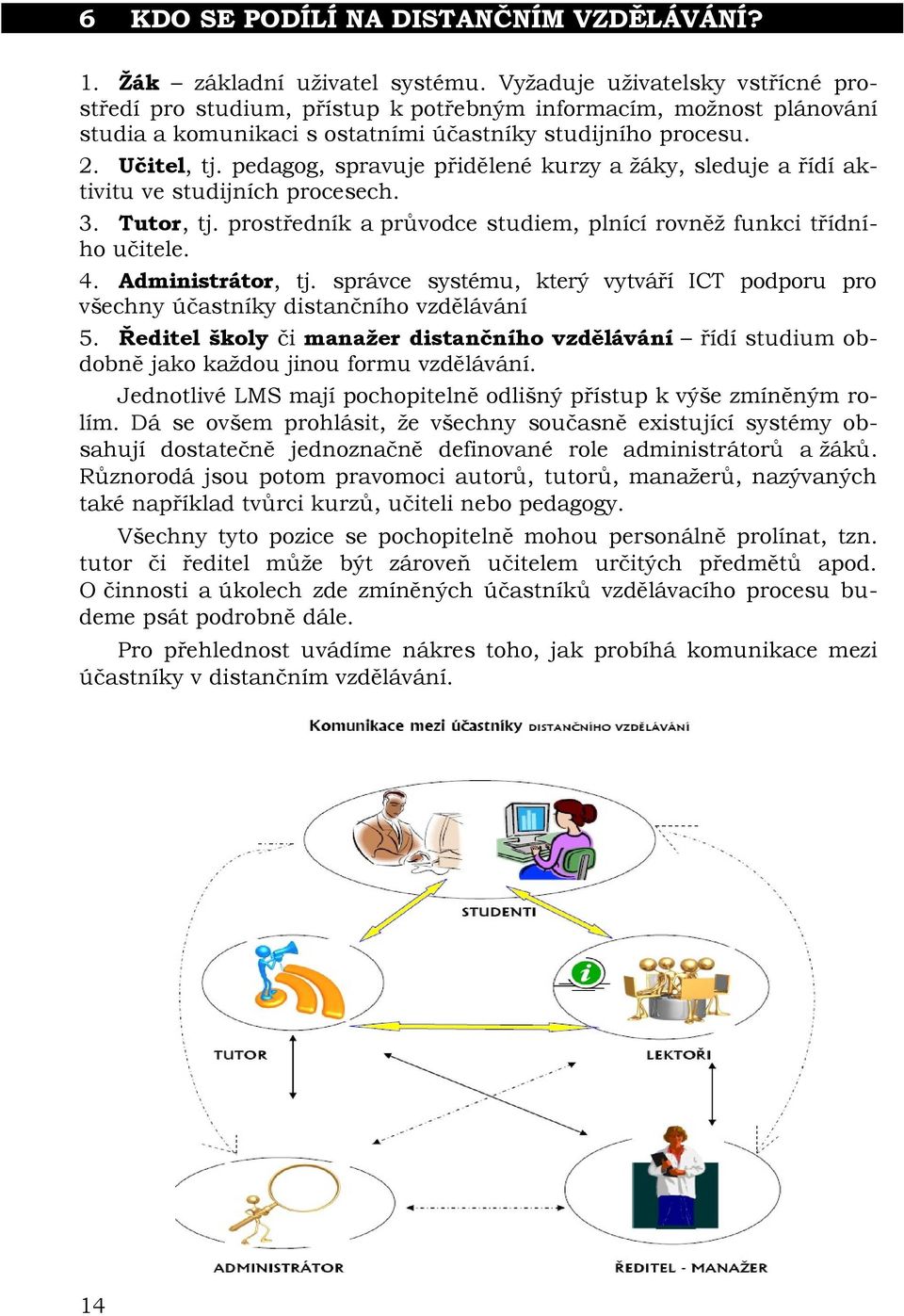 pedagog, spravuje přidělené kurzy a žáky, sleduje a řídí aktivitu ve studijních procesech. 3. Tutor, tj. prostředník a průvodce studiem, plnící rovněž funkci třídního učitele. 4. Administrátor, tj.