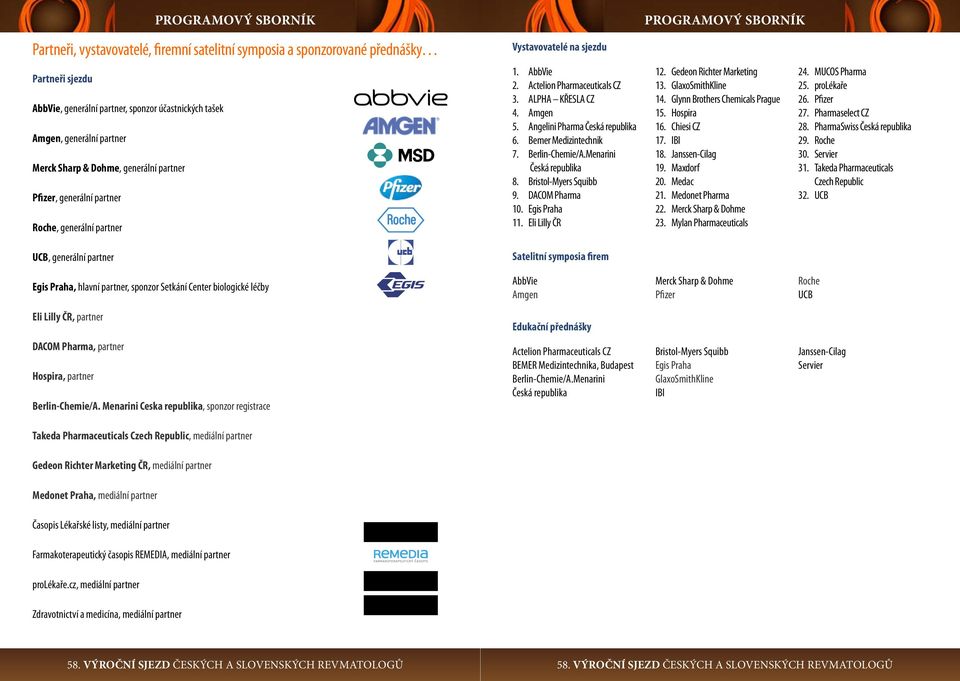 Angelini Pharma Česká republika 6. Bemer Medizintechnik 7. Berlin-Chemie/A.Menarini Česká republika 8. Bristol-Myers Squibb 9. DACOM Pharma 10. Egis Praha 11. Eli Lilly ČR Satelitní symposia firem 12.