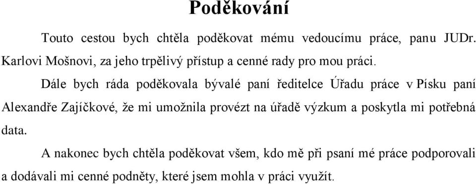 Dále bych ráda poděkovala bývalé paní ředitelce Úřadu práce v Písku paní Alexandře Zajíčkové, ţe mi umoţnila