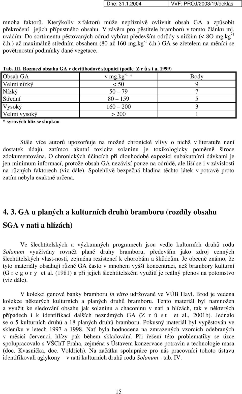 Tab. III. Rozmezí obsahu GA v devítibodové stupnici (podle Z r ů s t a, 1999) Obsah GA v mg.