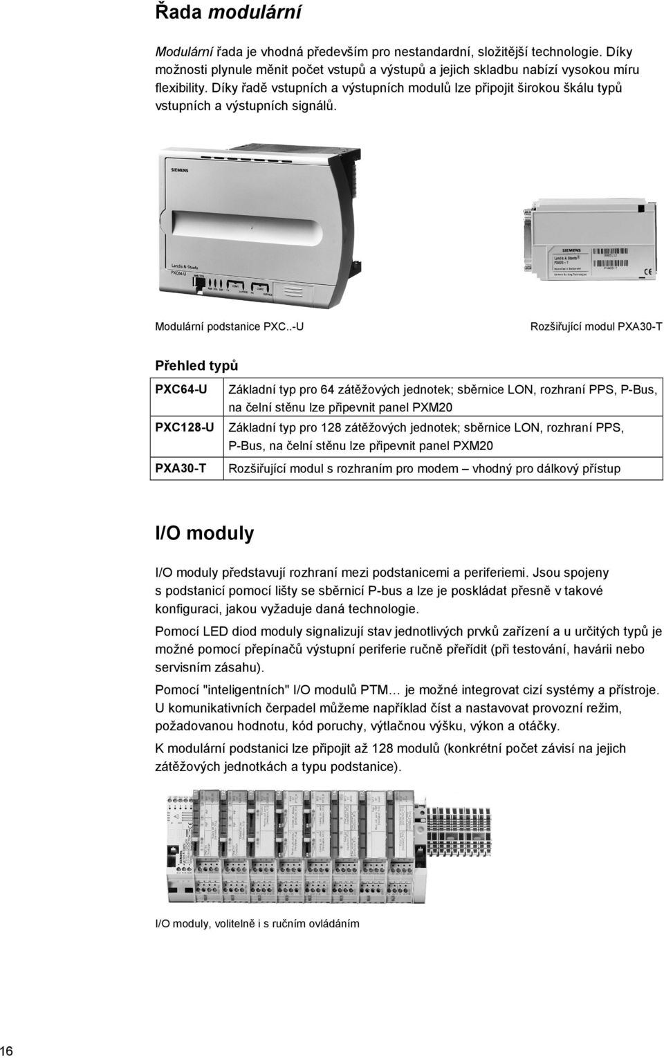 .-U Rozšiřující modul PXA30-T Přehled typů PXC64-U Základní typ pro 64 zátěžových jednotek; sběrnice LON, rozhraní PPS, P-Bus, na čelní stěnu lze připevnit panel PXM20 PXC128-U Základní typ pro 128