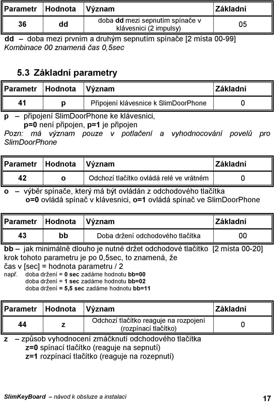 pro SlimDoorPhone 42 o Odchozí tlačítko ovládá relé ve vrátném 0 o výběr spínače, který má být ovládán z odchodového tlačítka o=0 ovládá spínač v klávesnici, o=1 ovládá spínač ve SlimDoorPhone 43 bb