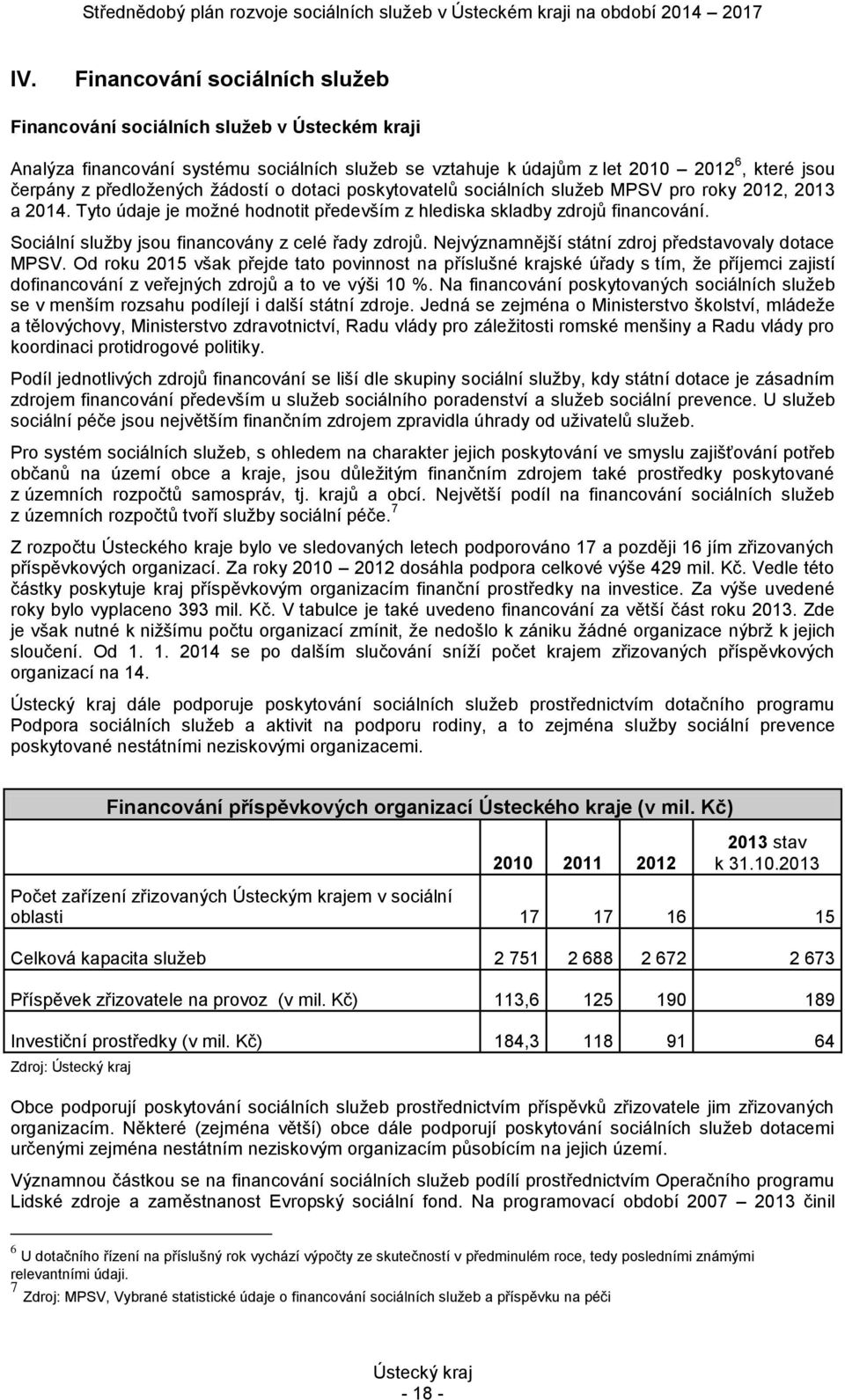 Sociální služby jsou financovány z celé řady zdrojů. Nejvýznamnější státní zdroj představovaly dotace MPSV.