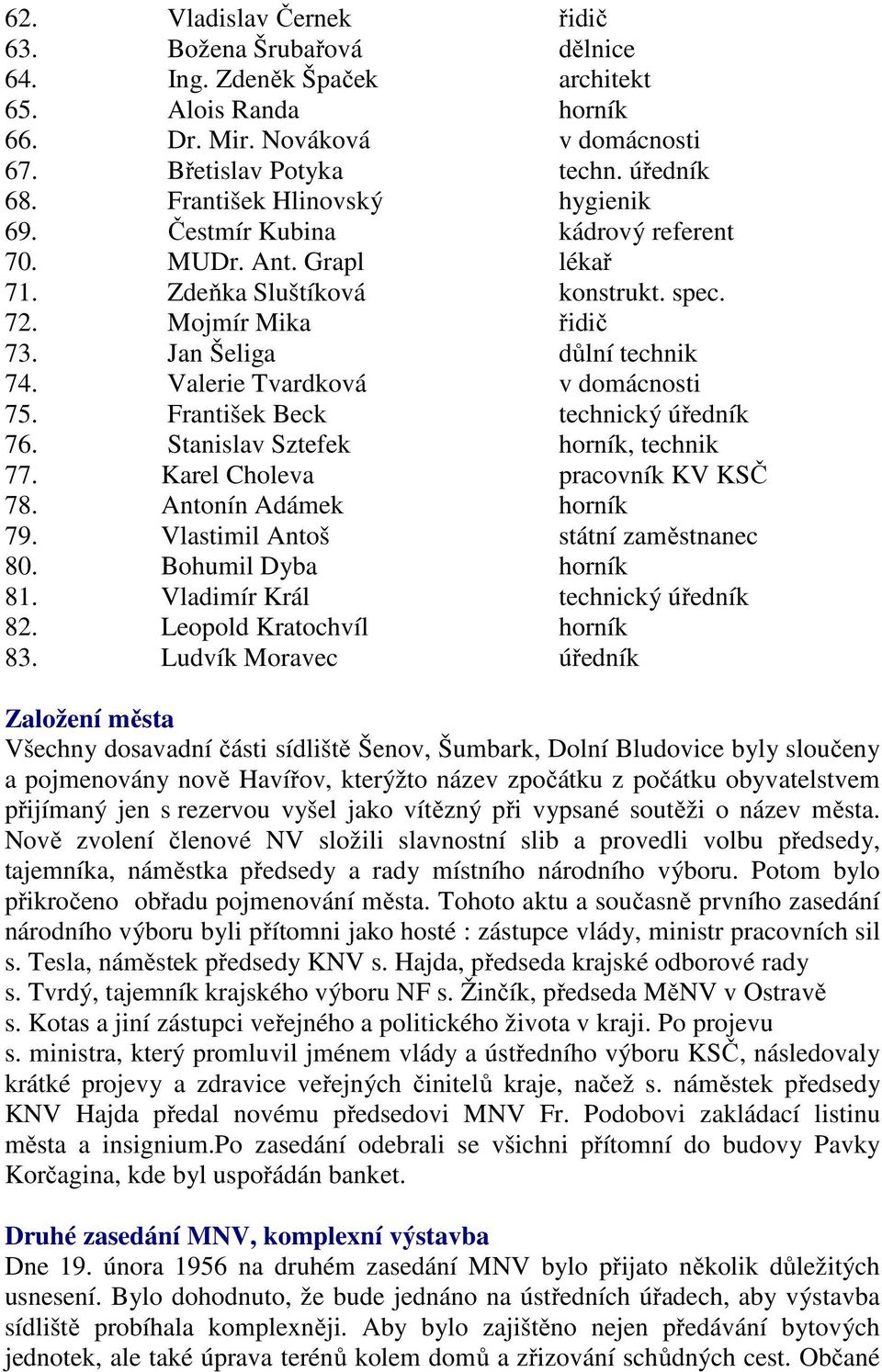 Valerie Tvardková v domácnosti 75. František Beck technický úředník 76. Stanislav Sztefek horník, technik 77. Karel Choleva pracovník KV KSČ 78. Antonín Adámek horník 79.