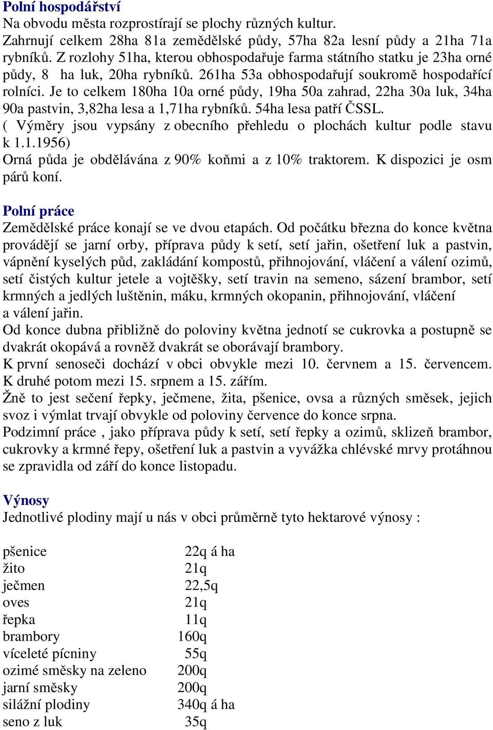 Je to celkem 180ha 10a orné půdy, 19ha 50a zahrad, 22ha 30a luk, 34ha 90a pastvin, 3,82ha lesa a 1,71ha rybníků. 54ha lesa patří ČSSL.