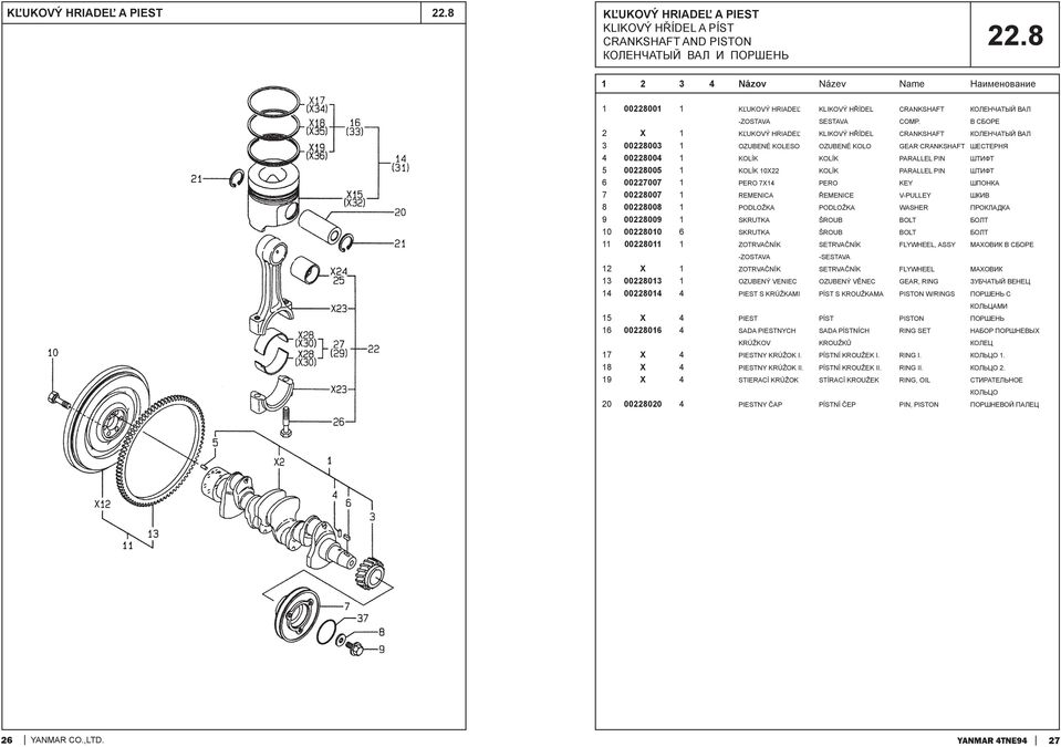 В СБОРЕ 2 X 1 KĽUKOVÝ HRIADEĽ KLIKOVÝ HŘÍDEL CRANKSHAFT КОЛЕНЧАТЫЙ ВАЛ 3 00228003 1 OZUBENÉ KOLESO OZUBENÉ KOLO GEAR CRANKSHAFT ШЕСТЕРНЯ 4 00228004 1 KOLÍK KOLÍK PARALLEL PIN ШТИФТ 5 00228005 1 KOLÍK