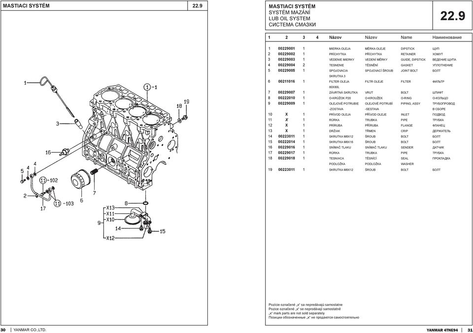 TĚSNĚNÍ GASKET УПЛОТНЕНИЕ 5 00229005 1 SPOJOVACIA SPOJOVACÍ ŠROUB JOINT BOLT БОЛТ SKRUTKA 3 6 00211016 1 FILTER OLEJA FILTR OLEJE FILTER ФИЛЬТР 80X80L 7 00229007 1 ZÁVRTNÁ SKRUTKA VRUT BOLT ШТИФТ 8