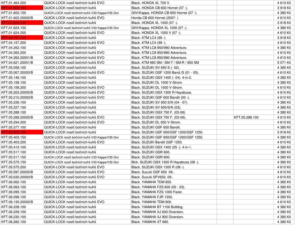 HONDA XL 1000 (07 -). 3 918 Kč KFT.01.624.150 QUICK-LOCK nosič bočních kufrů V33 Kappa/V35 Givi GIVI/Kappa. HONDA XL 1000 (07 -). 4 380 Kč KFT.01.624.200 QUICK-LOCK nosič bočních kufrů EVO Black.