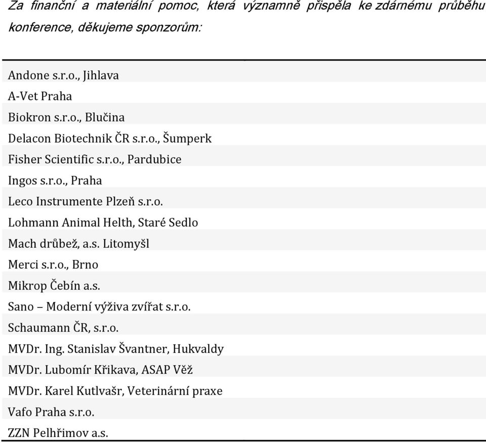 s. Litomyšl Merci s.r.o., Brno Mikrop Čebín a.s. Sano Moderní výživa zvířat s.r.o. Schaumann ČR, s.r.o. MVDr. Ing.