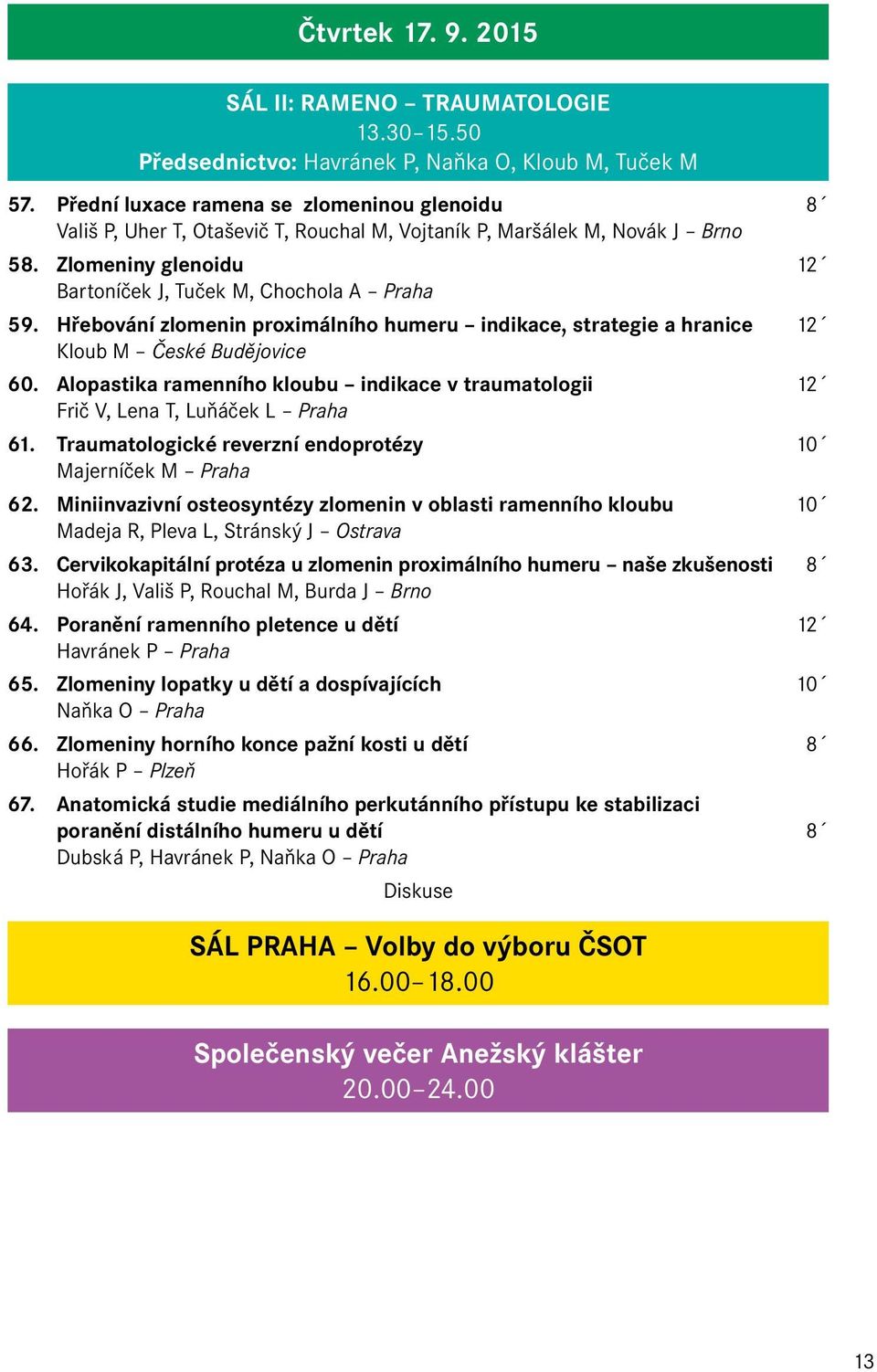 Hřebování zlomenin proximálního humeru indikace, strategie a hranice 12 Kloub M České Budějovice 60. Alopastika ramenního kloubu indikace v traumatologii 12 Frič V, Lena T, Luňáček L Praha 61.