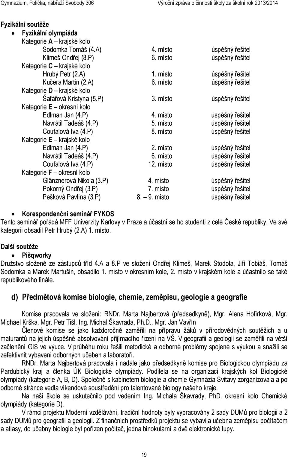 místo úspěšný řešitel Navrátil Tadeáš (4.P) 5. místo úspěšný řešitel Coufalová Iva (4.P) 8. místo úspěšný řešitel Kategorie E krajské kolo Edlman Jan (4.P) 2. místo úspěšný řešitel Navrátil Tadeáš (4.