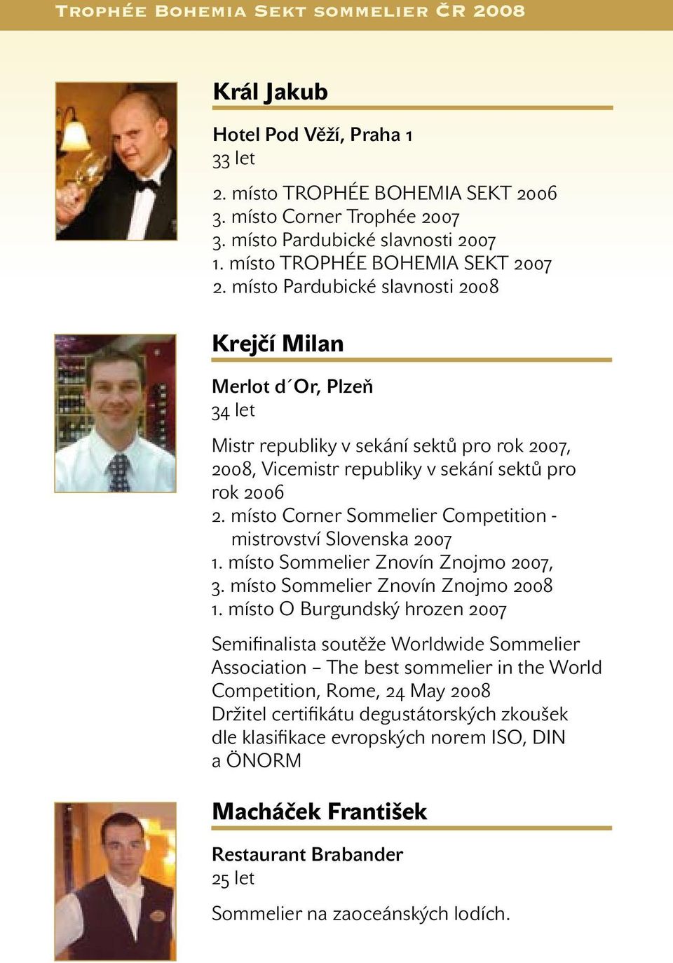 místo Corner Sommelier Competition - mistrovství Slovenska 2007 1. místo Sommelier Znovín Znojmo 2007, 3. místo Sommelier Znovín Znojmo 2008 1.