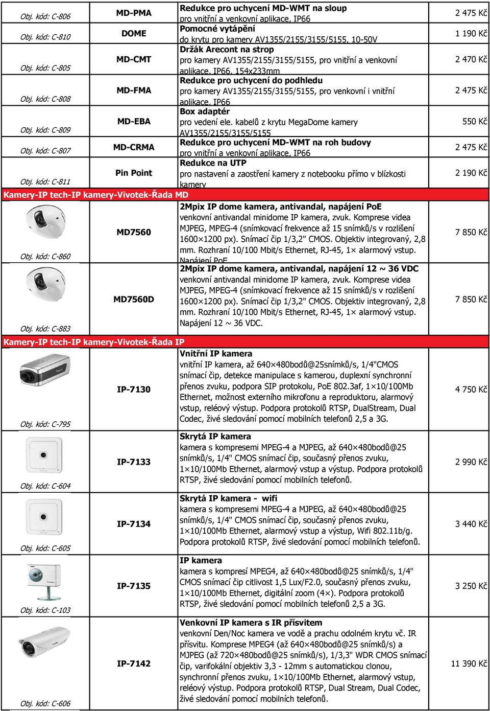 kód: C-805 aplikace, IP66, 154x233mm Redukce pro uchycení do podhledu MD-FMA pro kamery AV1355/2155/3155/5155, pro venkovní i vnitřní Obj. kód: C-808 aplikace, IP66 Box adaptér MD-EBA pro vedení ele.