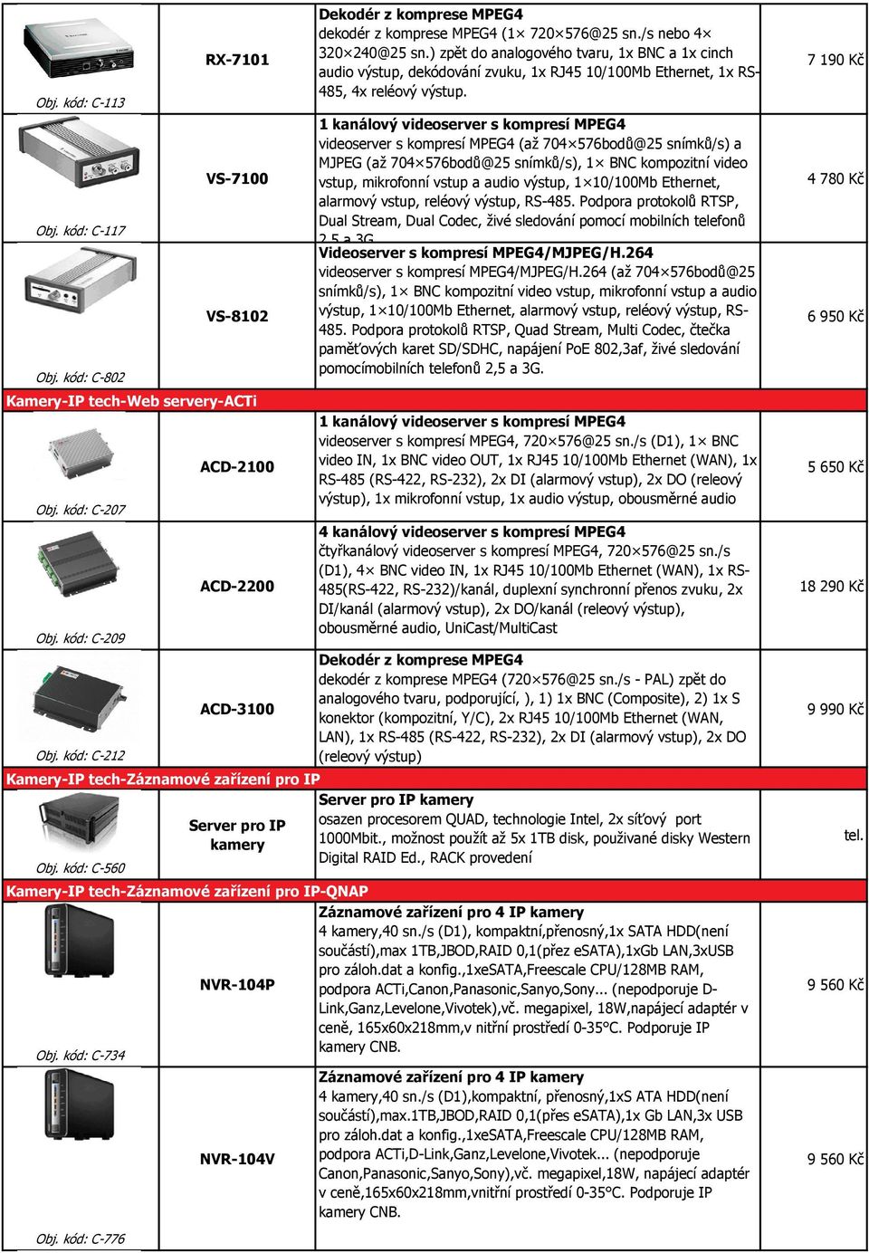 ) zpět do analogového tvaru, 1x BNC a 1x cinch audio výstup, dekódování zvuku, 1x RJ45 10/100Mb Ethernet, 1x RS- 485, 4x reléový výstup.