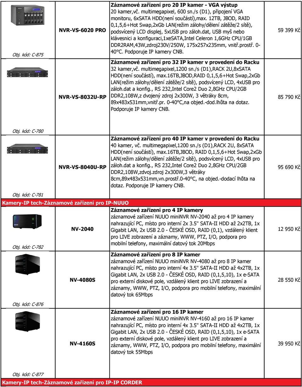 dat, USB myš nebo klávesnici a konfiguraci,1xesata,intel Celeron 1,6GHz CPU/1GB DDR2RAM,43W,zdroj230V/250W, 175x257x235mm, vnitř.prostř. 0-40 C. Podporuje IP kamery CNB.