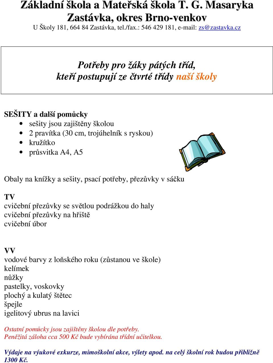 VV vodové barvy z loňského roku (zůstanou ve škole) kelímek nůžky pastelky, voskovky plochý a kulatý štětec špejle igelitový ubrus na lavici Ostatní pomůcky jsou zajištěny