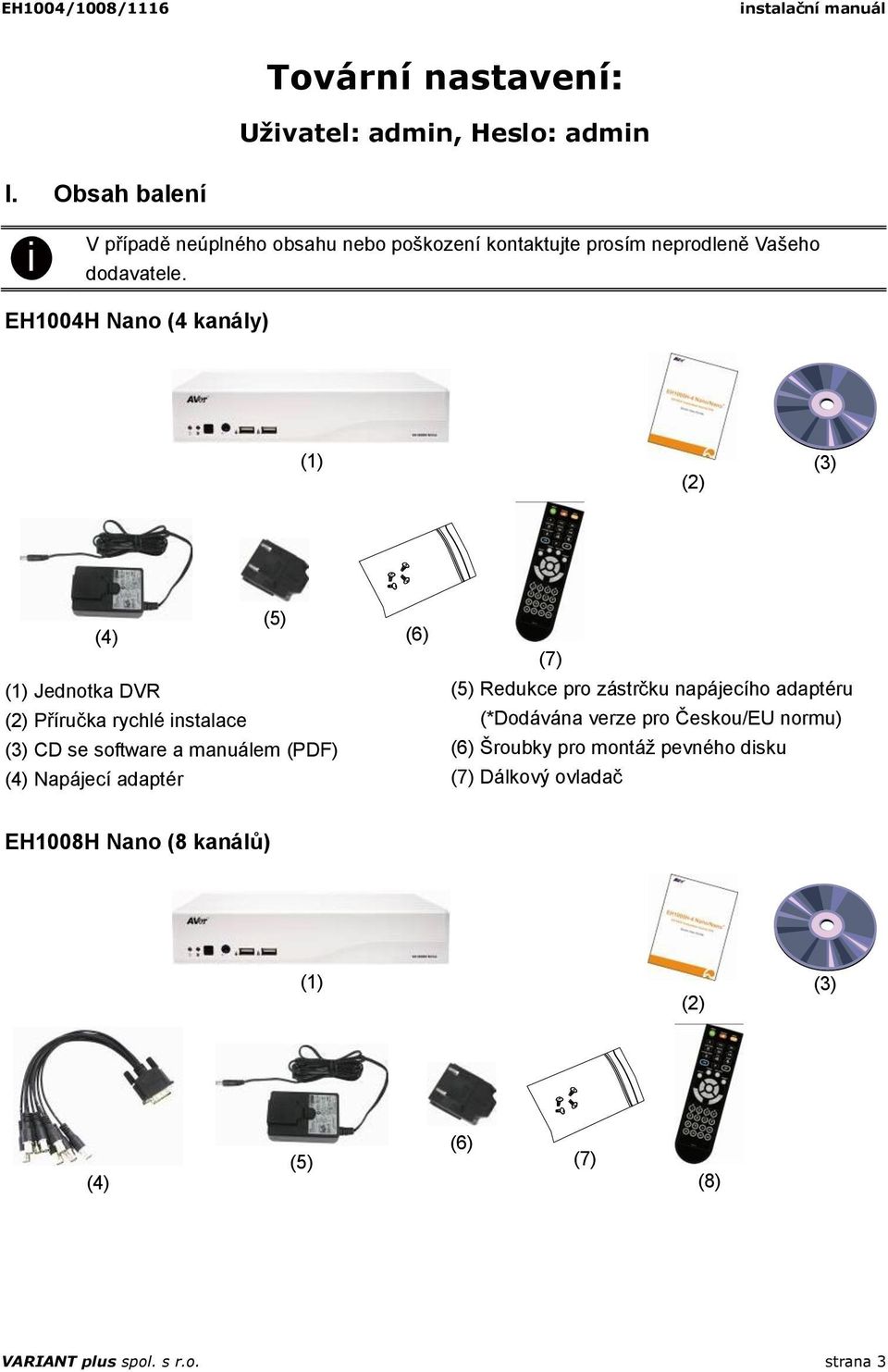 EH1004H Nano (4 kanály) (1) (2) (3) (5) (4) (1) Jednotka DVR (2) Příručka rychlé instalace (3) CD se software a manuálem (PDF) (4)