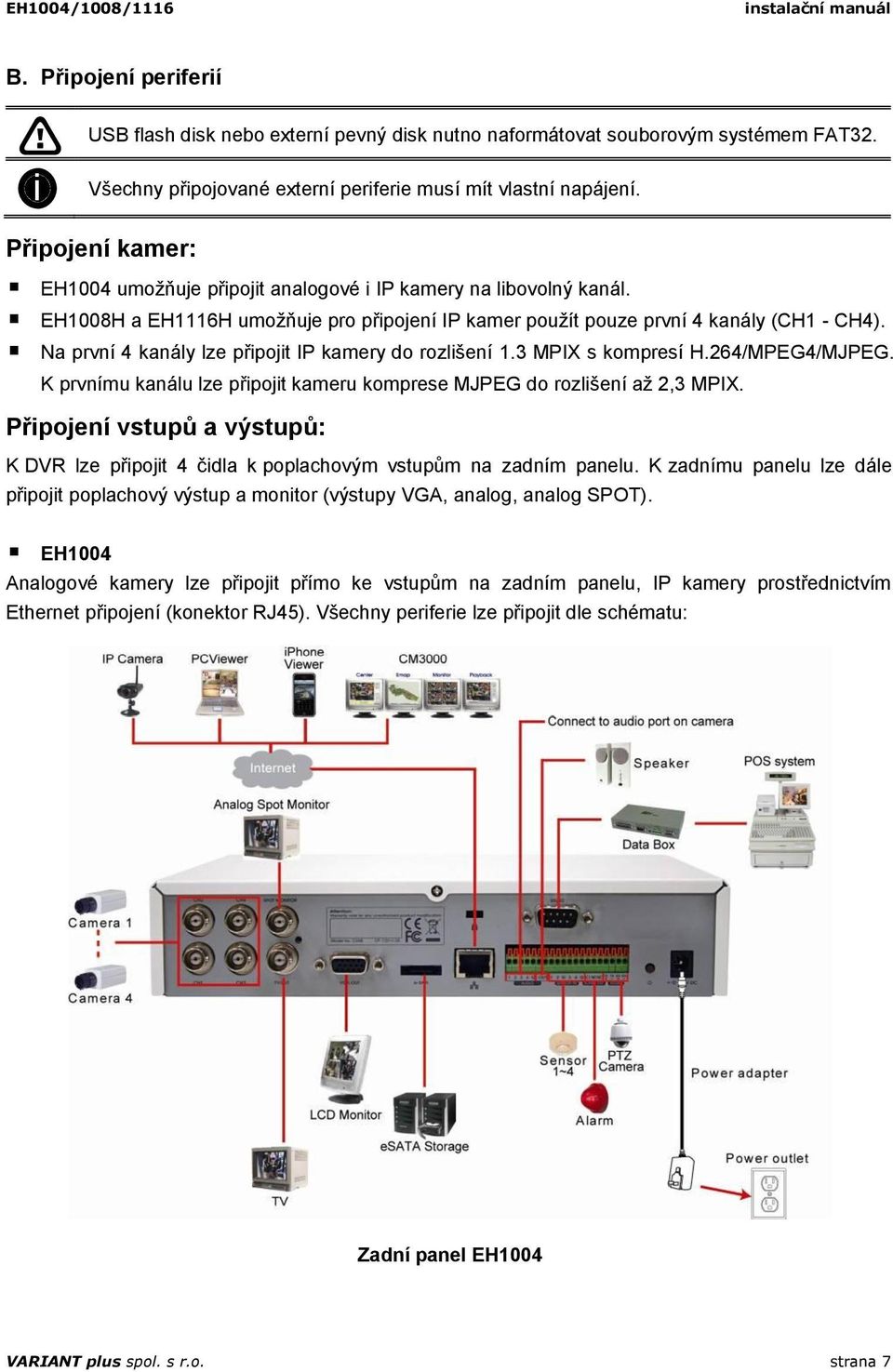 Na první 4 kanály lze připojit IP kamery do rozlišení 1.3 MPIX s kompresí H.264/MPEG4/MJPEG. K prvnímu kanálu lze připojit kameru komprese MJPEG do rozlišení až 2,3 MPIX.