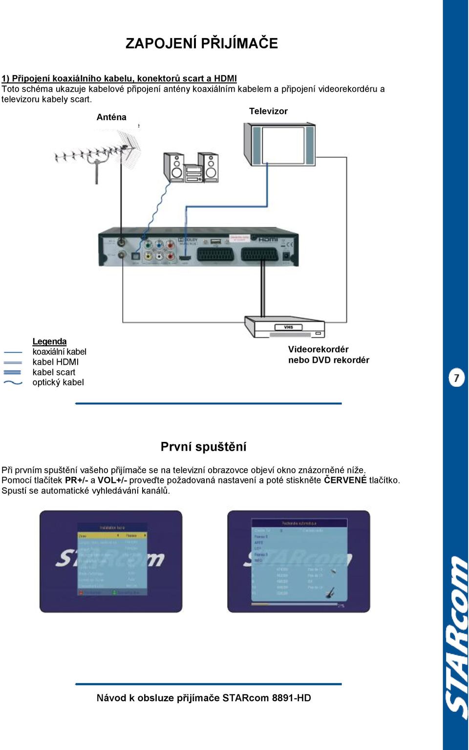 Televizor Anténa Legenda koaxiální kabel kabel HDMI kabel scart optický kabel Videorekordér nebo DVD rekordér První spuštění Při prvním