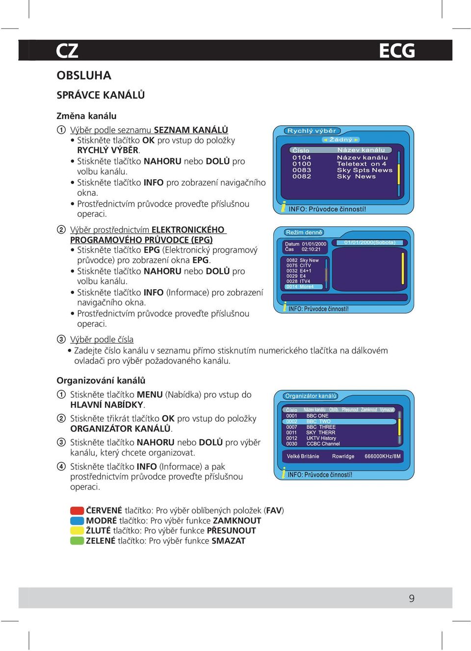 2 Výběr prostřednictvím ELEKTRONICKÉHO PROGRAMOVÉHO PRŮVODCE (EPG) Stiskněte tlačítko EPG (Elektronický programový průvodce) pro zobrazení okna EPG.