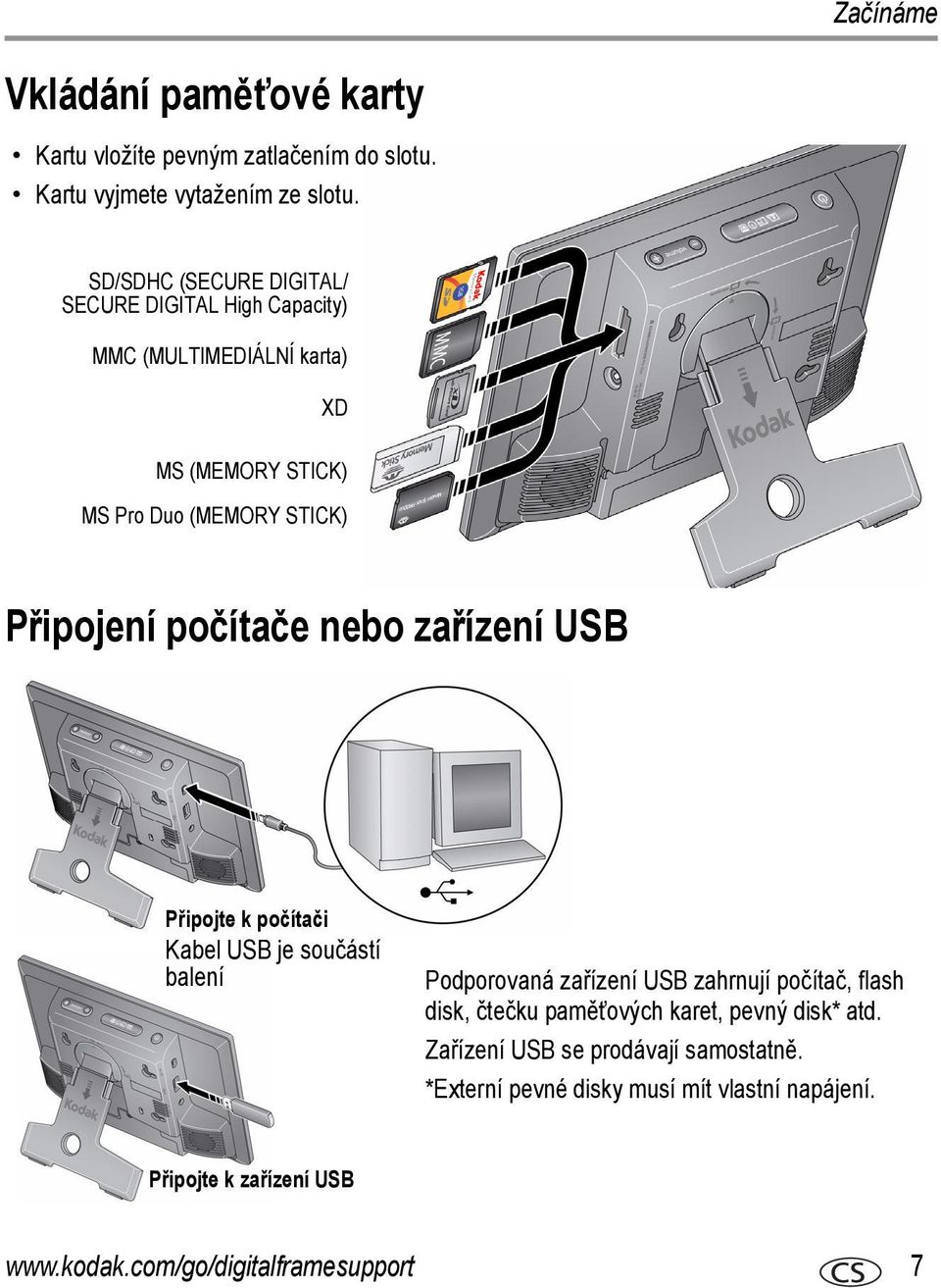 Připojení počítače nebo zařízení USB Připojte k počítači Kabel USB je součástí balení Podporovaná zařízení USB zahrnují počítač,