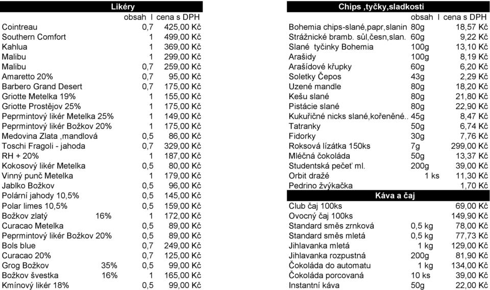 43g 2,29 Kč Barbero Grand Desert 0,7 175,00 Kč Uzené mandle 80g 18,20 Kč Griotte Metelka 19% 1 155,00 Kč Kešu slané 80g 21,80 Kč Griotte Prostějov 25% 1 175,00 Kč Pistácie slané 80g 22,90 Kč