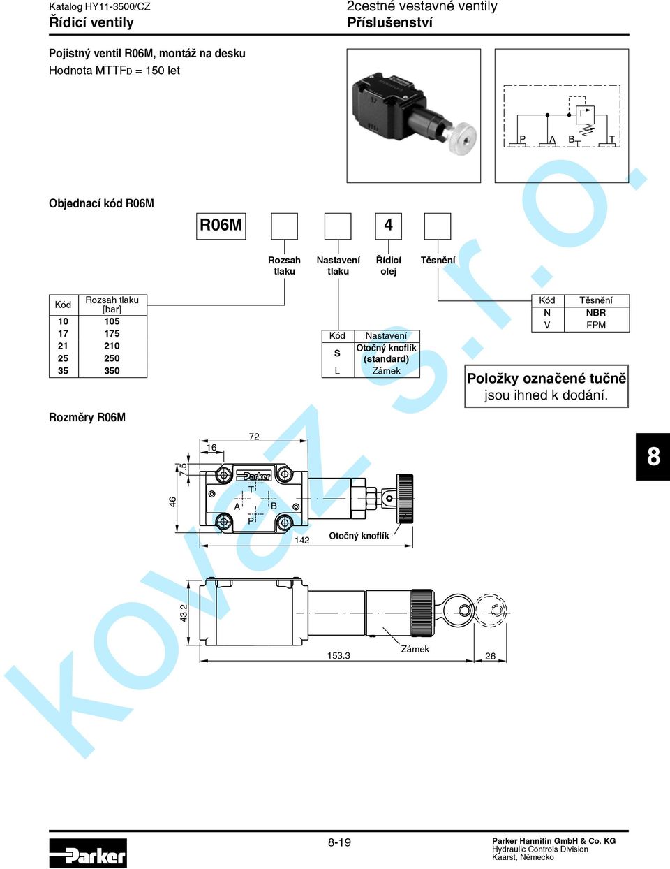 2 R06M 16 72 P Rozsah tlaku 142 Nastavení tlaku S L 4 Řídicí olej Nastavení Otočný knoflík (standard)