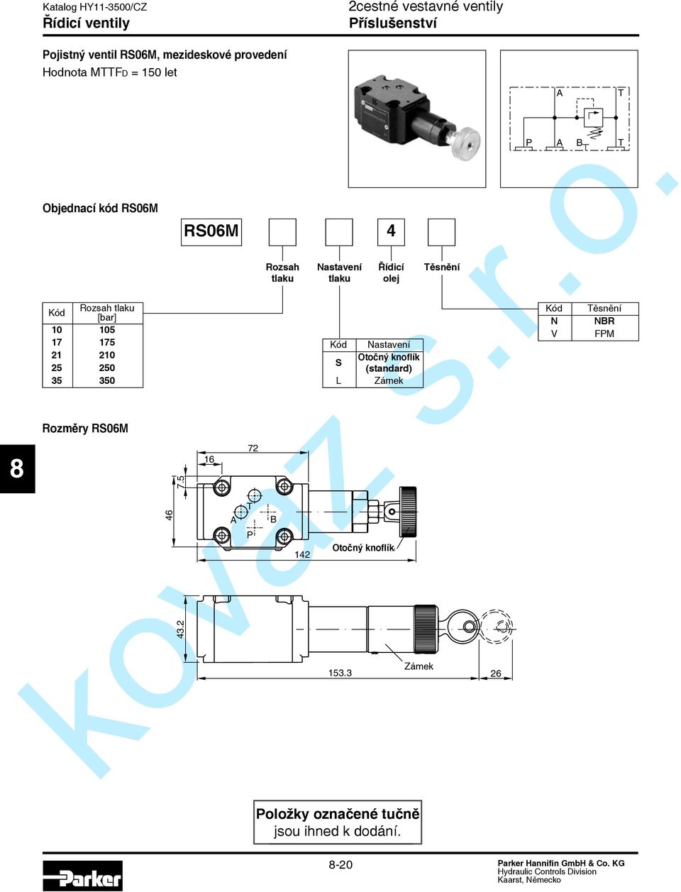 2 RS06M 16 72 P Rozsah tlaku 142 Nastavení tlaku S L 4 Řídicí olej Nastavení Otočný knoflík (standard)