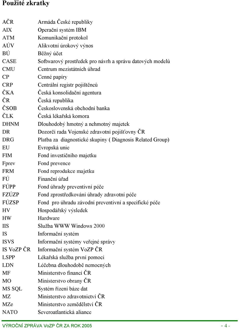 Dlouhodobý hmotný a nehmotný majetek DR Dozorčí rada Vojenské zdravotní pojišťovny ČR DRG Platba za diagnostické skupiny ( Diagnosis Related Group) EU Evropská unie FIM Fond investičního majetku