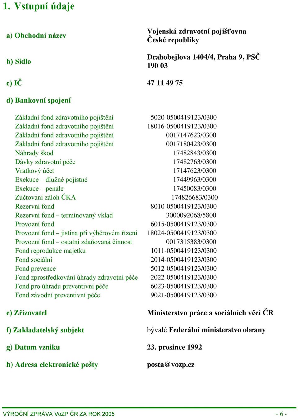 Náhrady škod 17482843/0300 Dávky zdravotní péče 17482763/0300 Vratkový účet 17147623/0300 Exekuce dlužné pojistné 17449963/0300 Exekuce penále 17450083/0300 Zúčtování záloh ČKA 174826683/0300