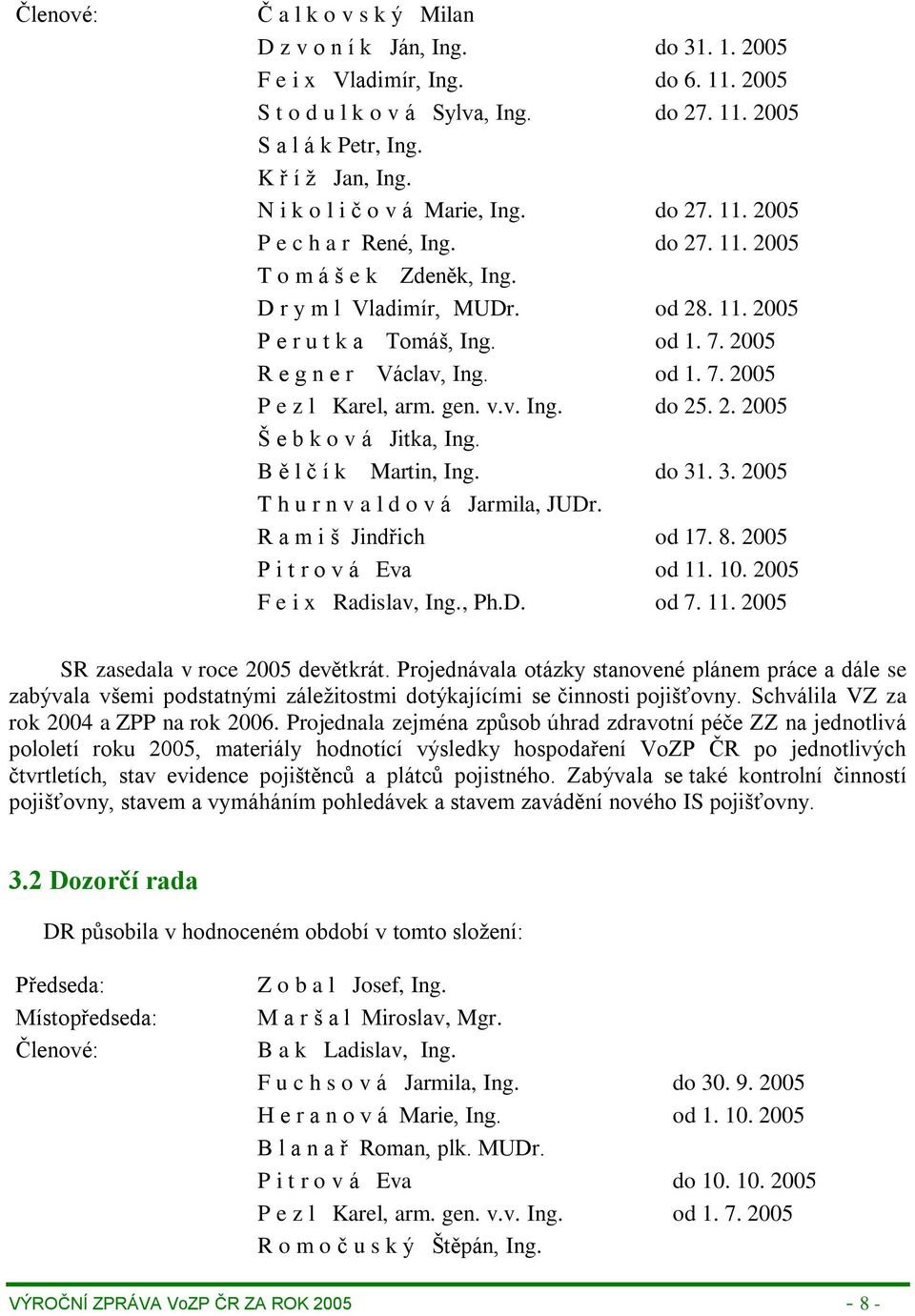 2005 R e g n e r Václav, Ing. od 1. 7. 2005 P e z l Karel, arm. gen. v.v. Ing. do 25. 2. 2005 Š e b k o v á Jitka, Ing. B ě l č í k Martin, Ing. do 31. 3. 2005 T h u r n v a l d o v á Jarmila, JUDr.