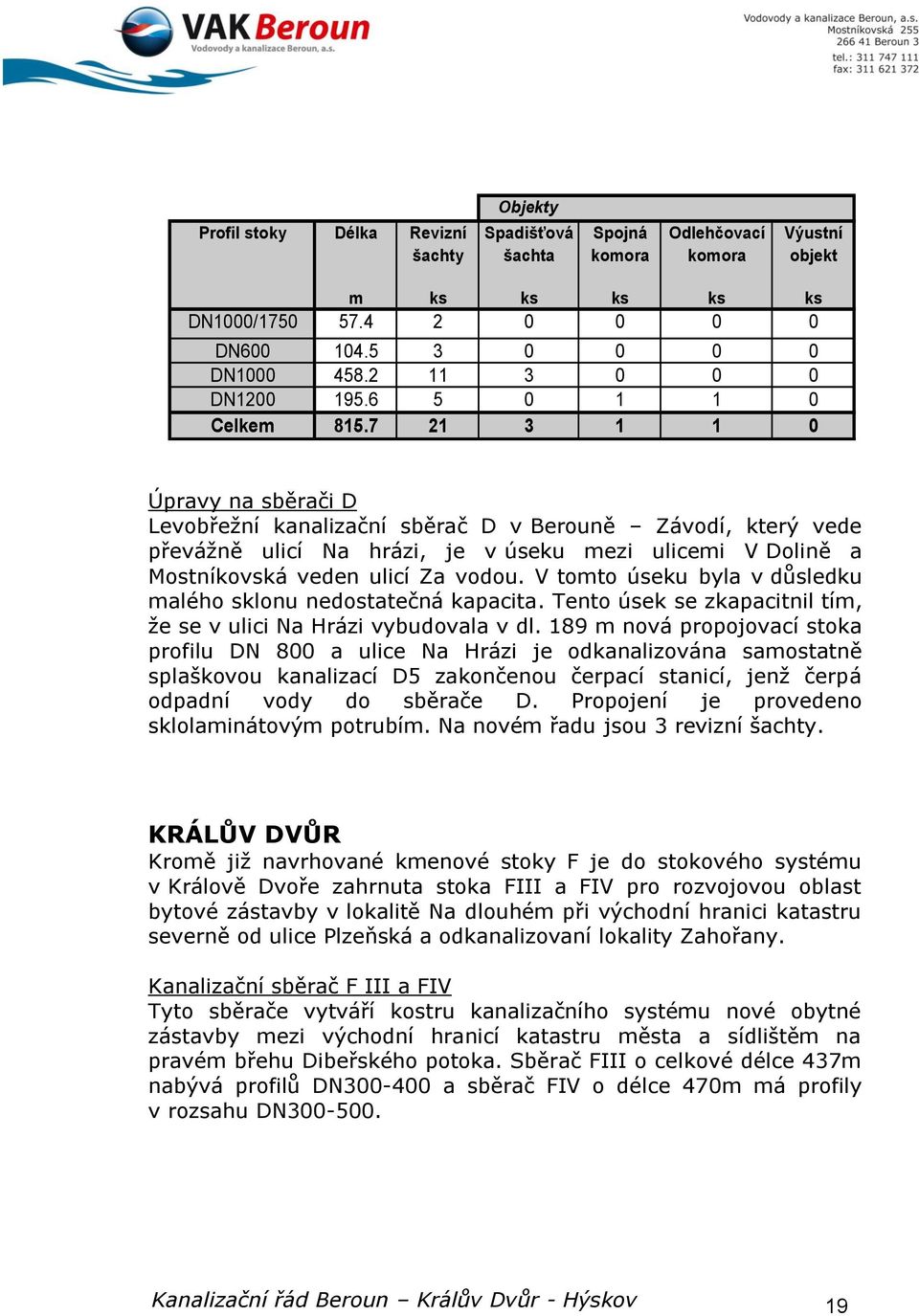 7 21 3 1 1 0 Úpravy na sběrači D Levobřežní kanalizační sběrač D v Berouně Závodí, který vede převážně ulicí Na hrázi, je v úseku mezi ulicemi V Dolině a Mostníkovská veden ulicí Za vodou.