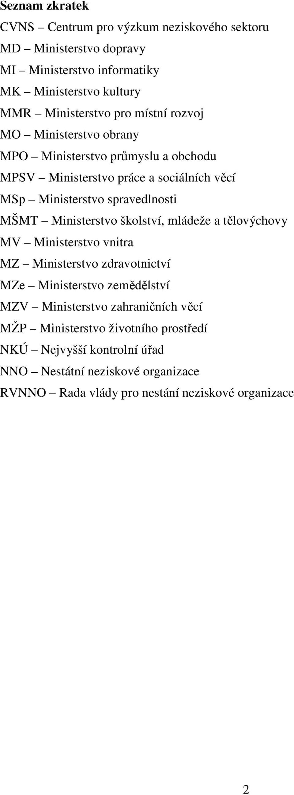 Ministerstvo školství, mládeže a tělovýchovy MV Ministerstvo vnitra MZ Ministerstvo zdravotnictví MZe Ministerstvo zemědělství MZV Ministerstvo