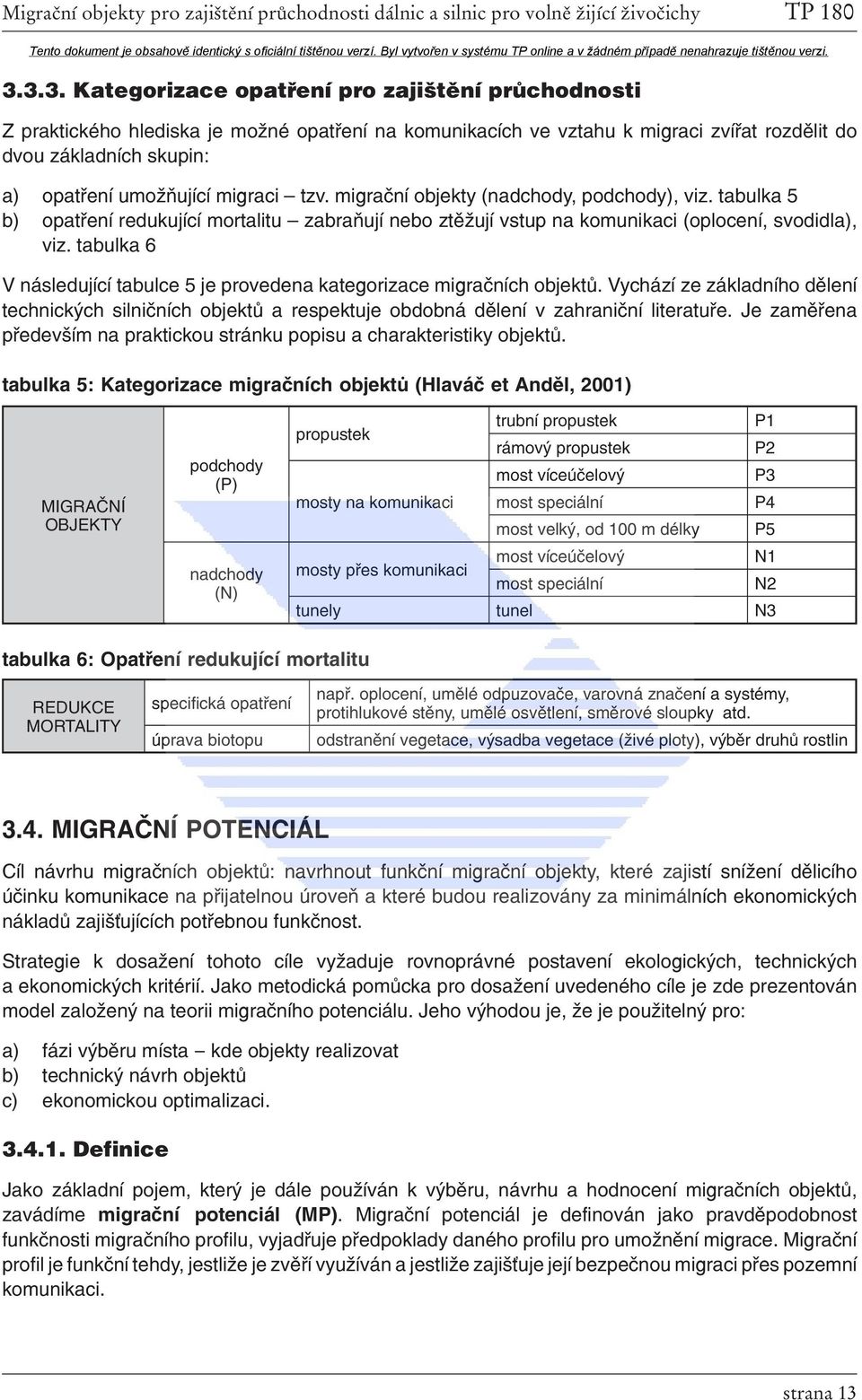 tabulka 6 V následující tabulce 5 je provedena kategorizace migračních objektů. Vychází ze základního dělení technických silničních objektů a respektuje obdobná dělení v zahraniční literatuře.