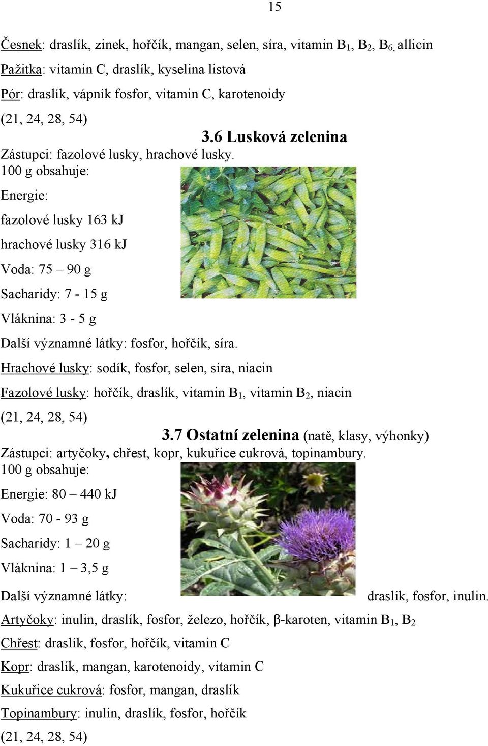 100 g obsahuje: Energie: fazolové lusky 163 kj hrachové lusky 316 kj Voda: 75 90 g Sacharidy: 7-15 g Vláknina: 3-5 g Další významné látky: fosfor, hořčík, síra.