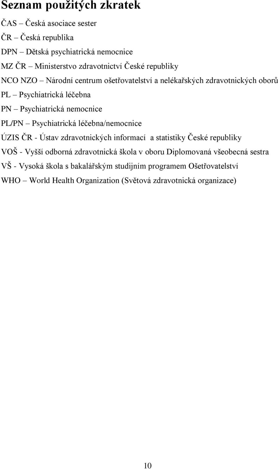 Psychiatrická léčebna/nemocnice ÚZIS ČR - Ústav zdravotnických informací a statistiky České republiky VOŠ - Vyšší odborná zdravotnická škola v oboru