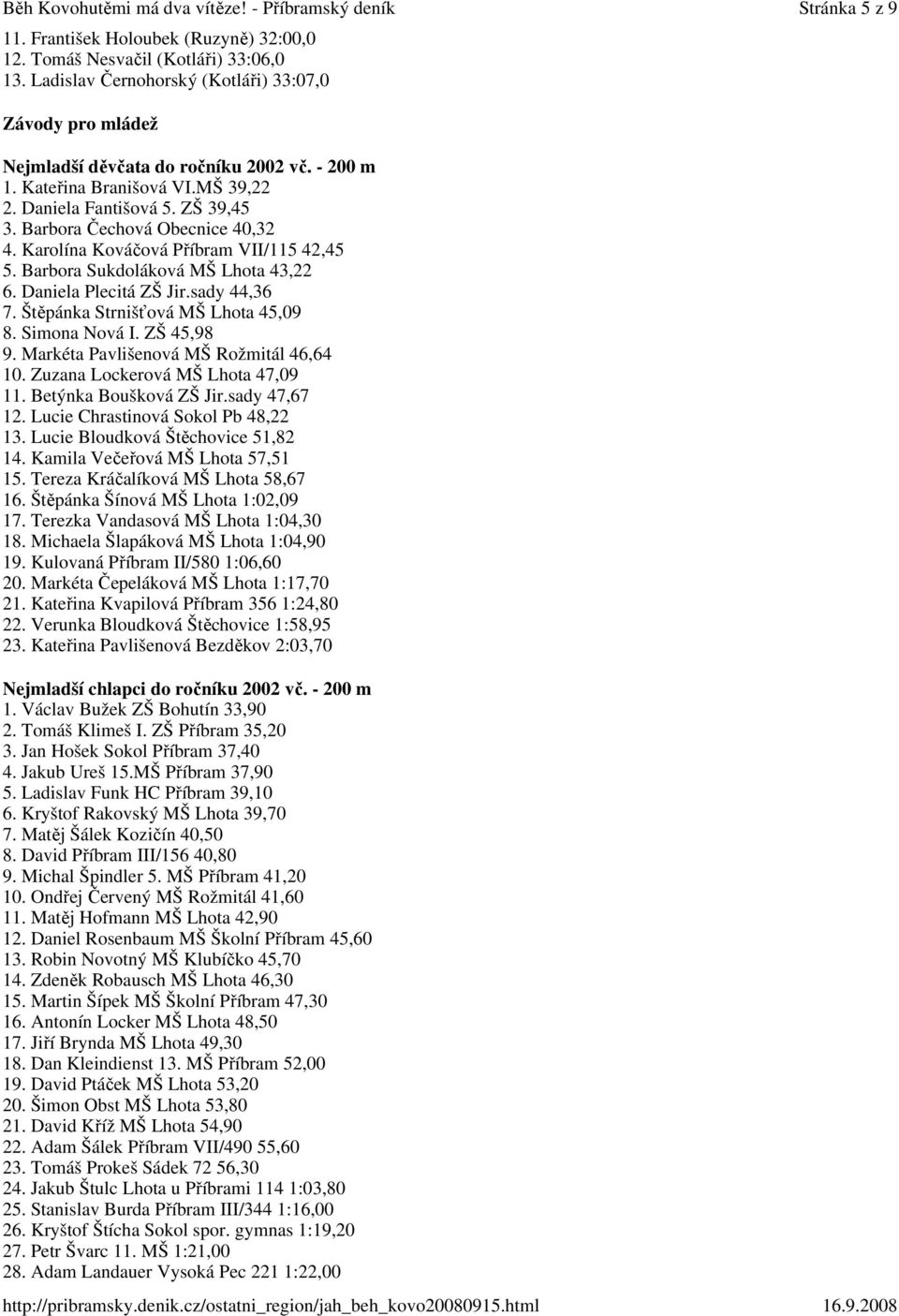 Daniela Plecitá ZŠ Jir.sady 44,36 7. Štěpánka Strnišťová MŠ Lhota 45,09 8. Simona Nová I. ZŠ 45,98 9. Markéta Pavlišenová MŠ Rožmitál 46,64 10. Zuzana Lockerová MŠ Lhota 47,09 11.