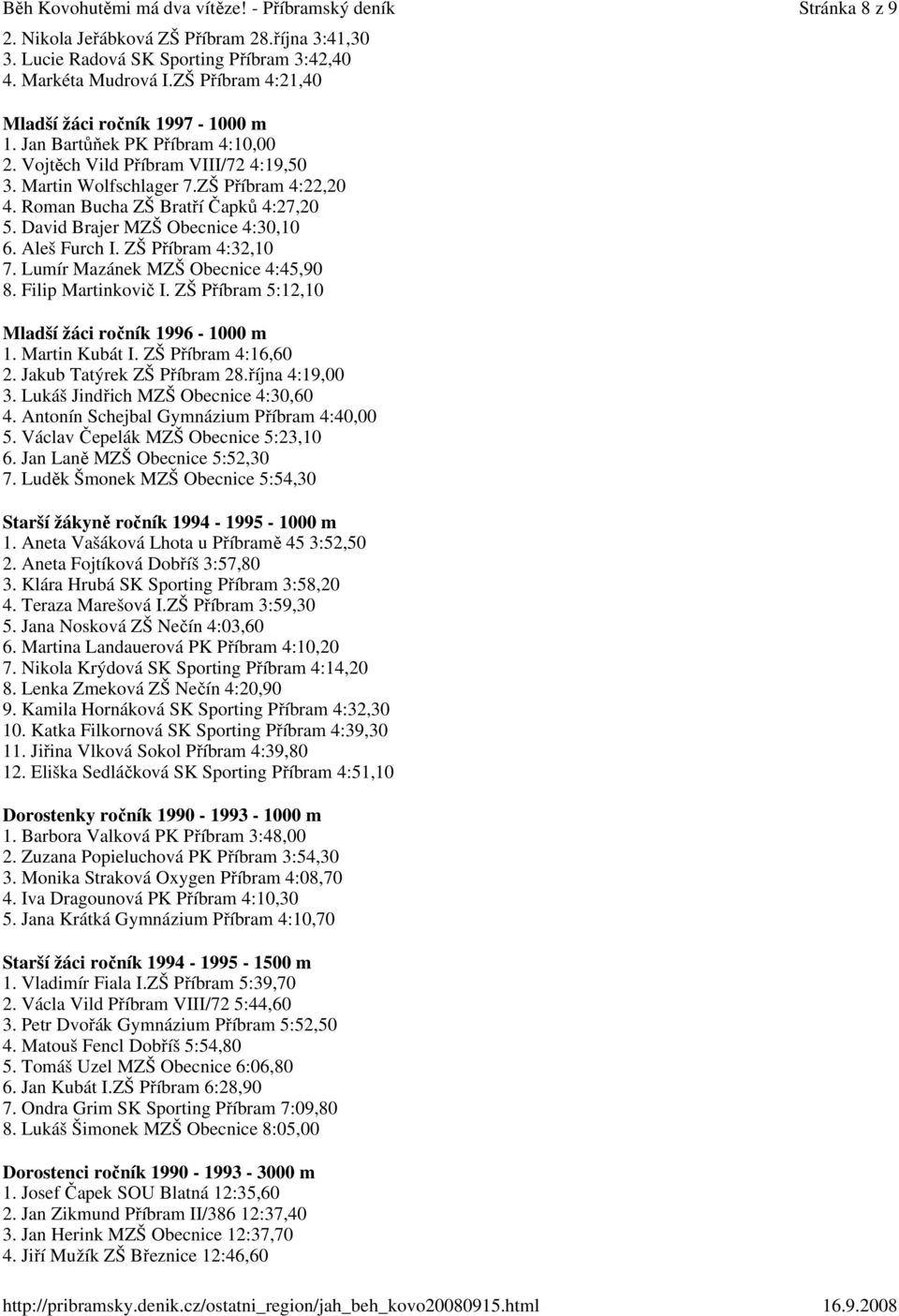 Roman Bucha ZŠ Bratří Čapků 4:27,20 5. David Brajer MZŠ Obecnice 4:30,10 6. Aleš Furch I. ZŠ Příbram 4:32,10 7. Lumír Mazánek MZŠ Obecnice 4:45,90 8. Filip Martinkovič I.