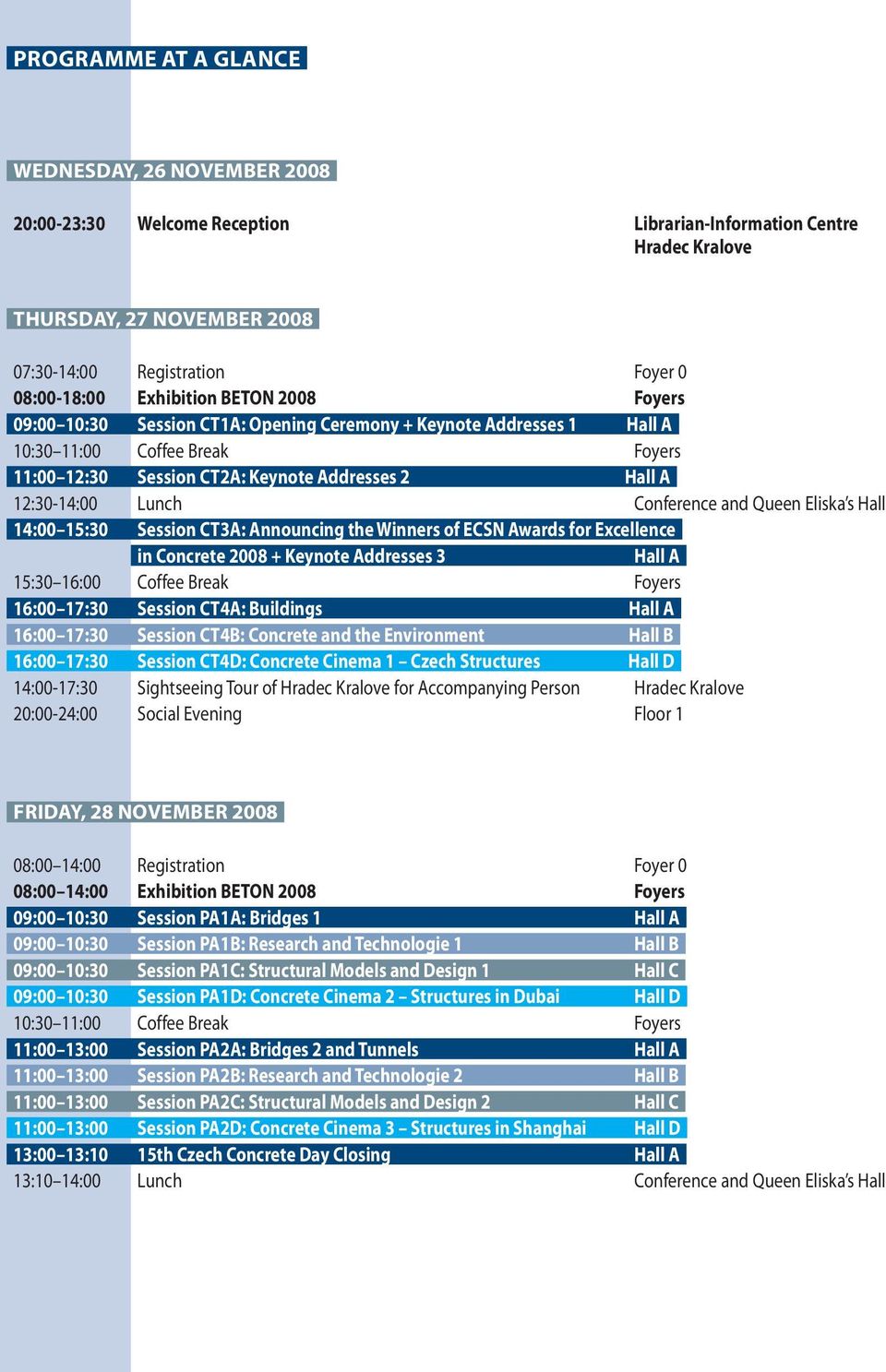 Lunch Conference and Queen Eliska s Hall 14:00 15:30 Session CT3A: Announcing the Winners of ECSN Awards for Excellence in Concrete 2008 + Keynote Addresses 3 Hall A 15:30 16:00 Coffee Break Foyers